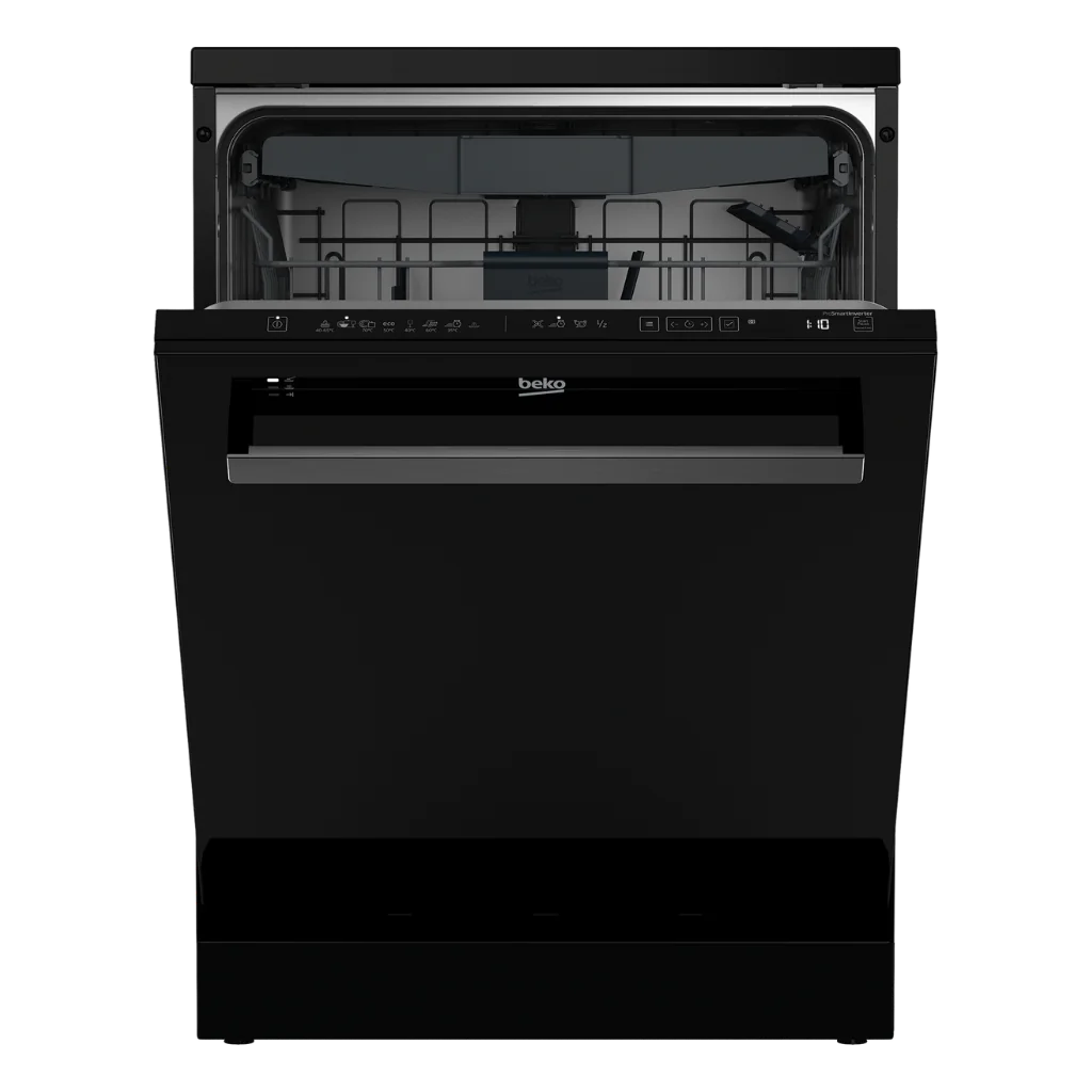 Beko 15 Place Black Glass Dishwasher Open